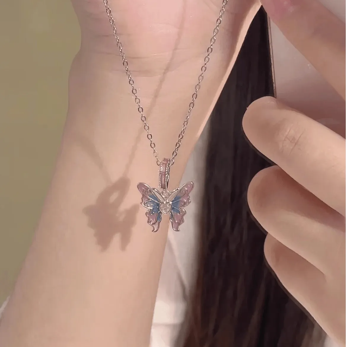 Pink Blue Gradient Enamel Butterfly Necklace