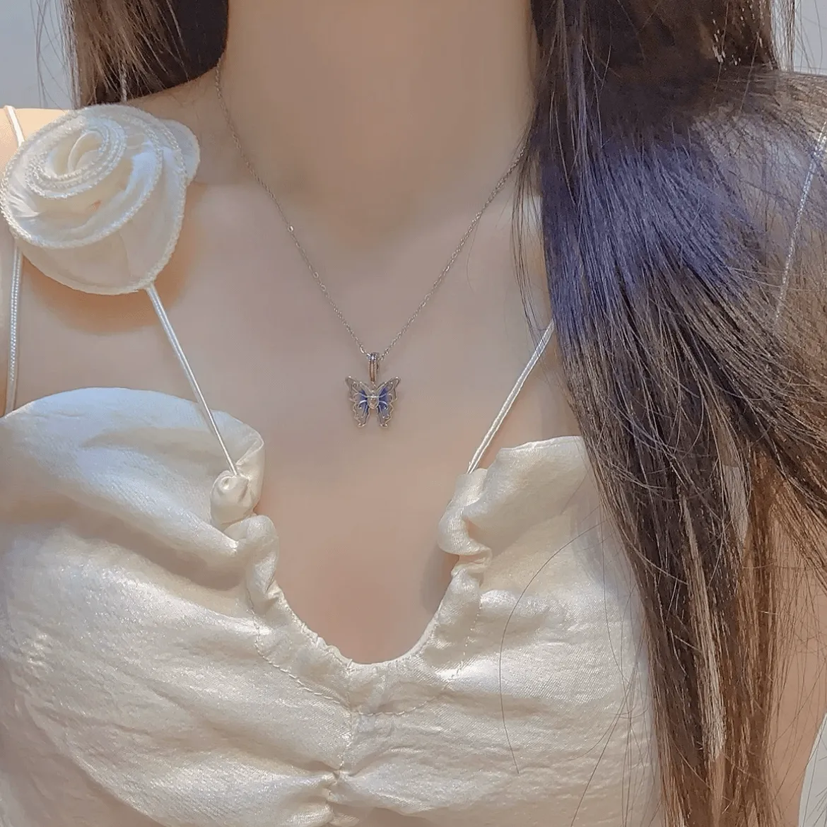 Pink Blue Gradient Enamel Butterfly Necklace
