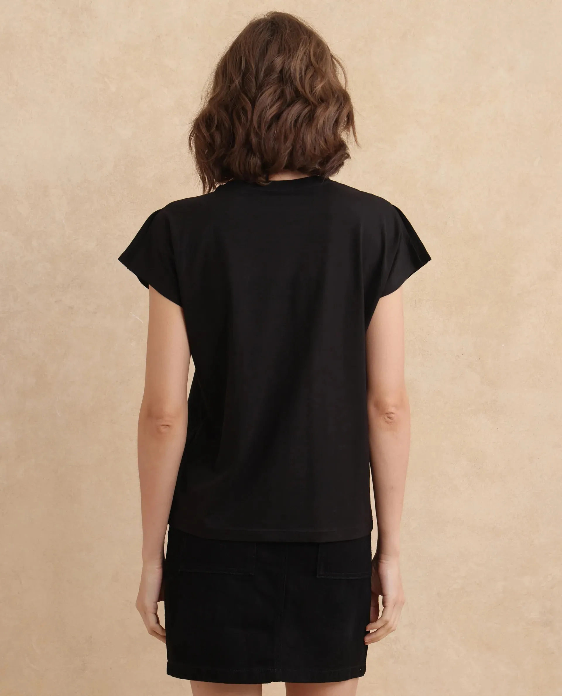 Rareism Women Janori Black Rayon Nylon Fabric Extended Sleeve Collared Neck Regular Fit Plain T-Shirt