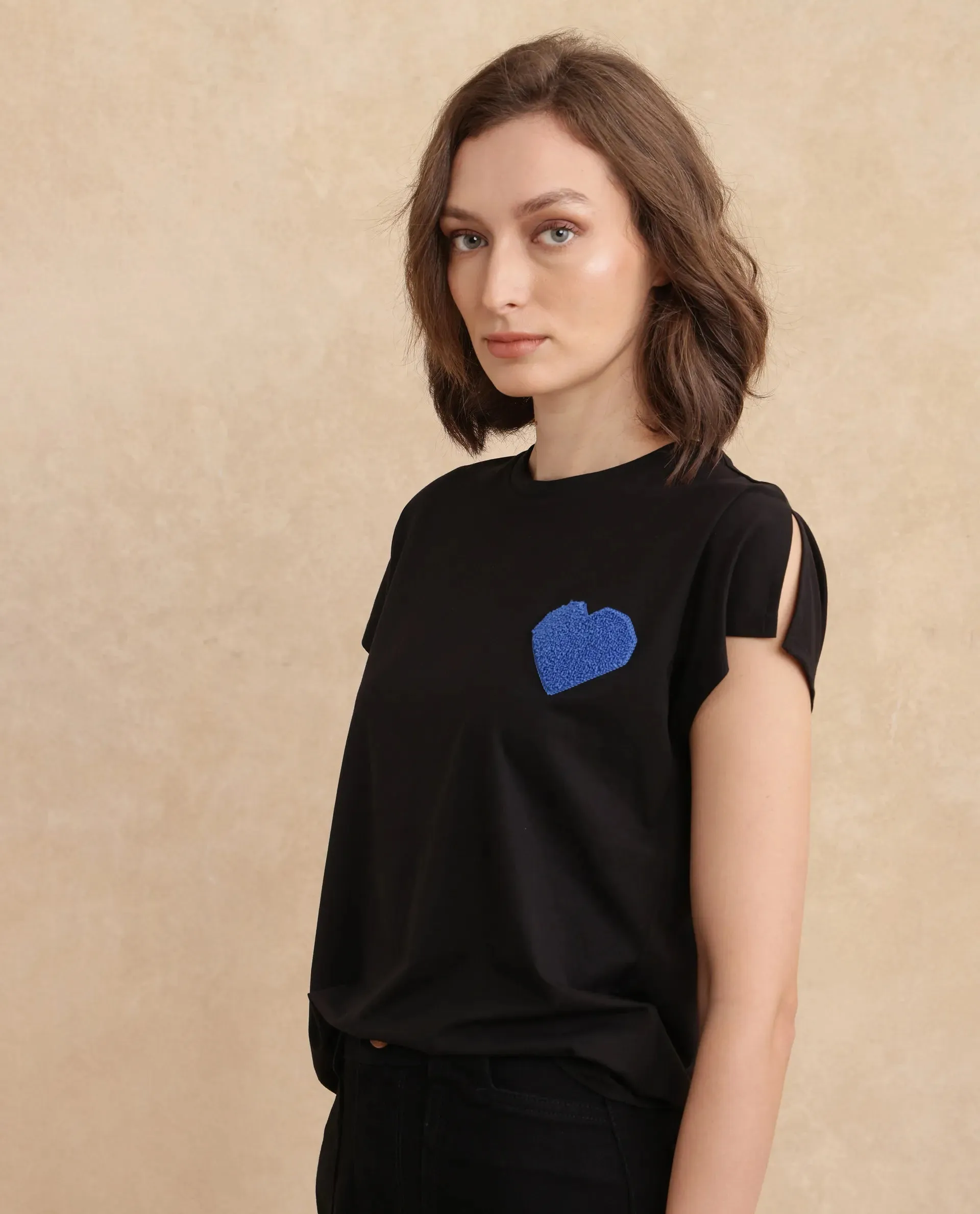 Rareism Women Janori Black Rayon Nylon Fabric Extended Sleeve Collared Neck Regular Fit Plain T-Shirt