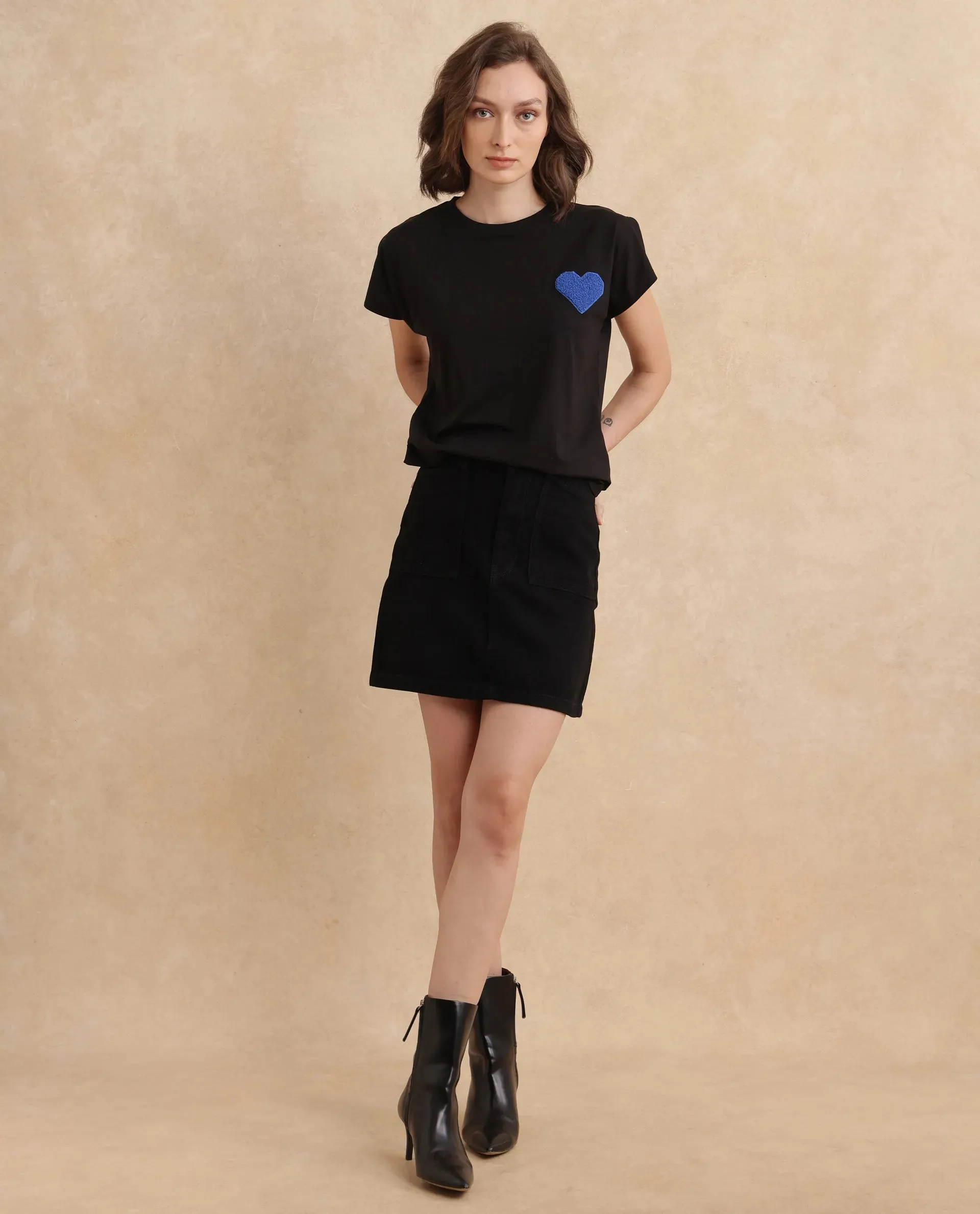 Rareism Women Janori Black Rayon Nylon Fabric Extended Sleeve Collared Neck Regular Fit Plain T-Shirt