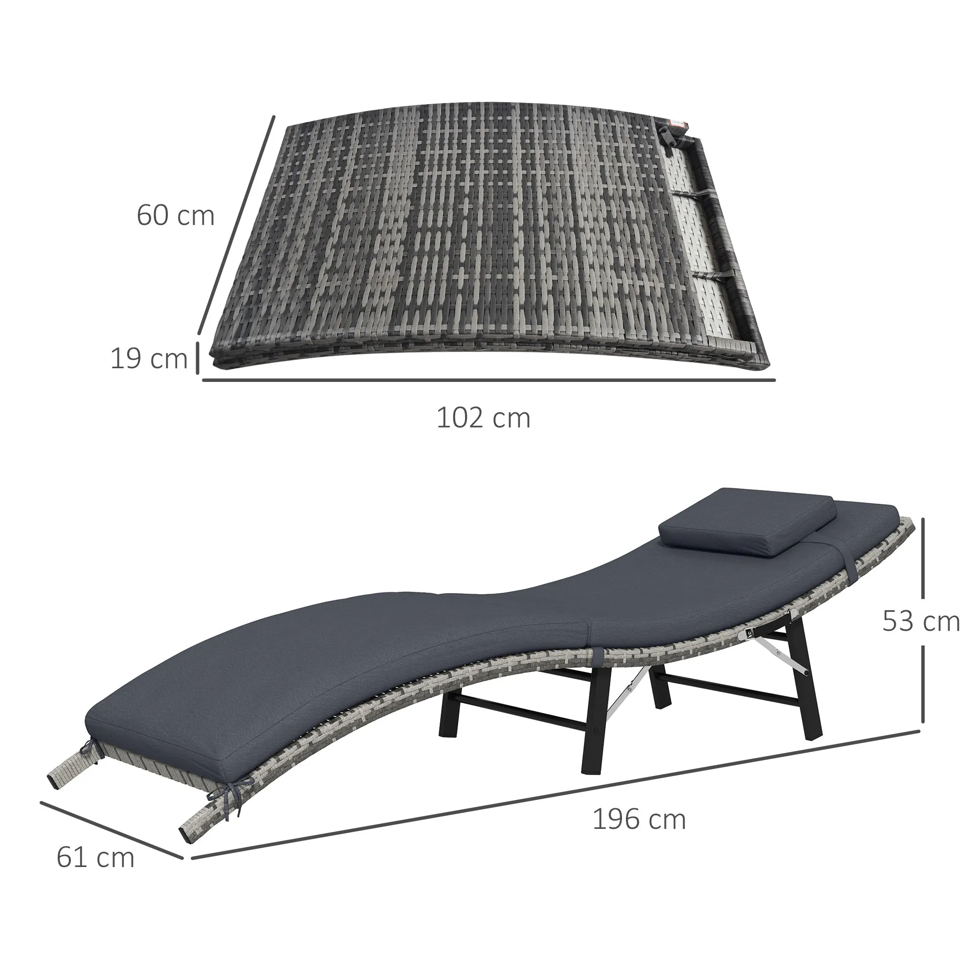 Rattan Folding Sun Lounger Outdoor Chair with Cushion and Pillow Grey
