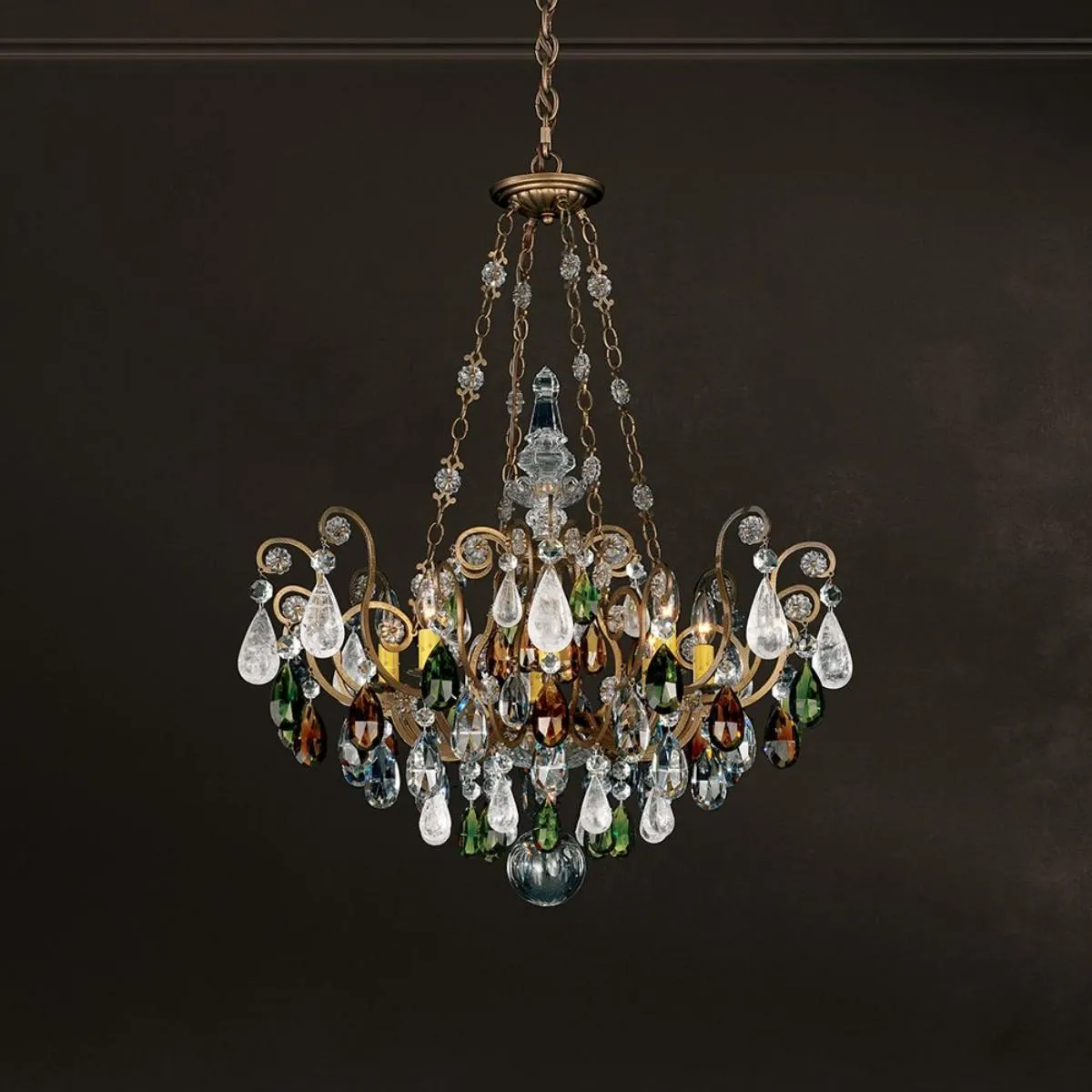 Renaissance Rock Crystal 8 Light Heirloom Gold Chandelier with Amethyst & Black Diamond Colors Rock Crystal