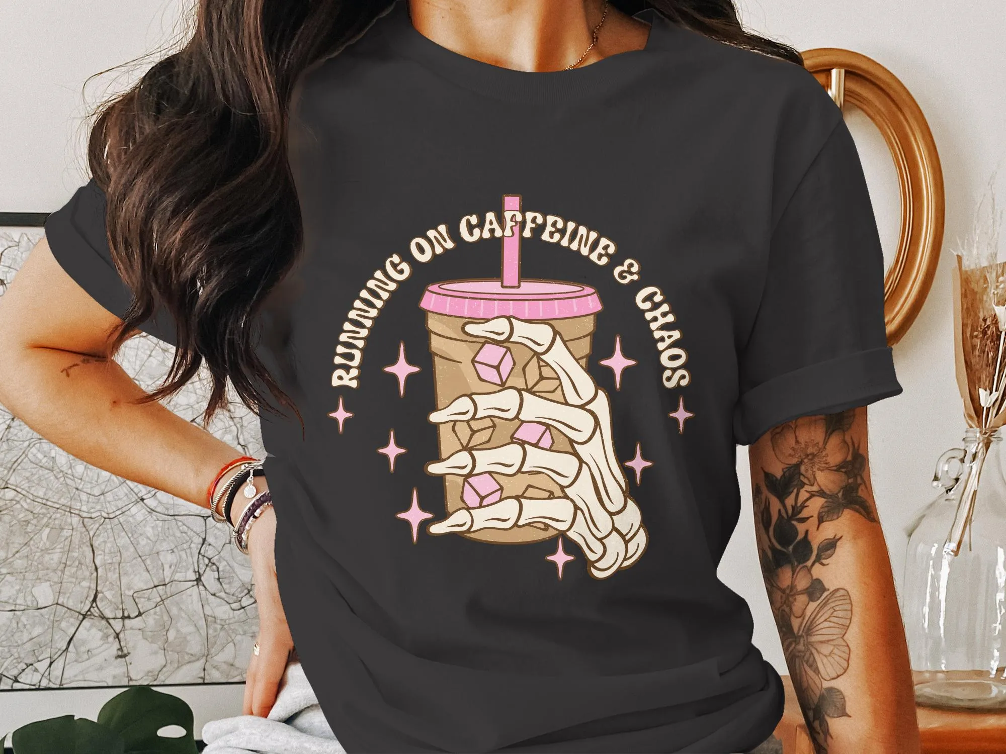 Running on Caffeine and Chaos Coffee T-Shirt, Vintage Style Graphic Tee, Casual Women's Shirt, Coffee Lover Gift, Soft Cotton Top