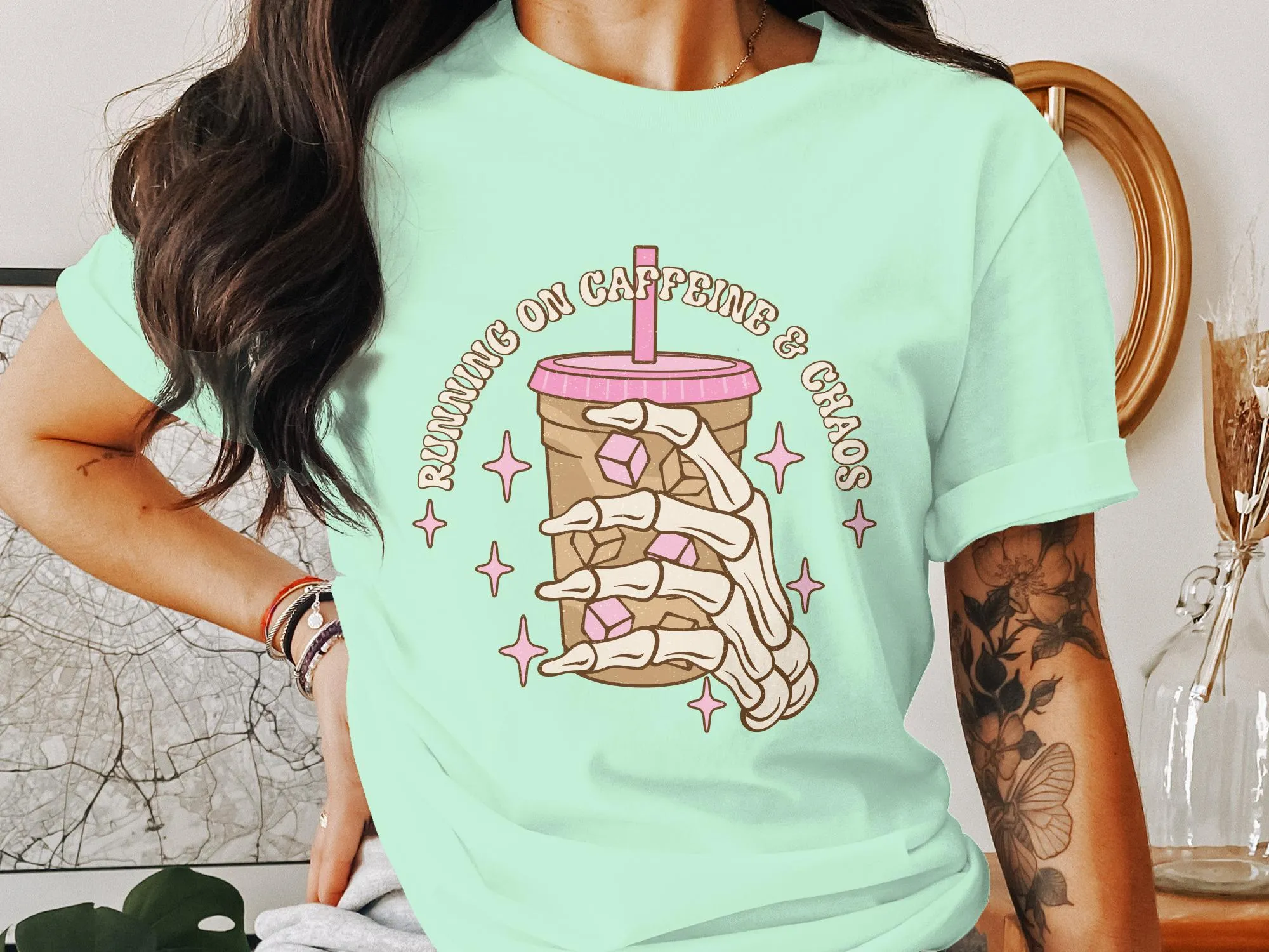 Running on Caffeine and Chaos Coffee T-Shirt, Vintage Style Graphic Tee, Casual Women's Shirt, Coffee Lover Gift, Soft Cotton Top