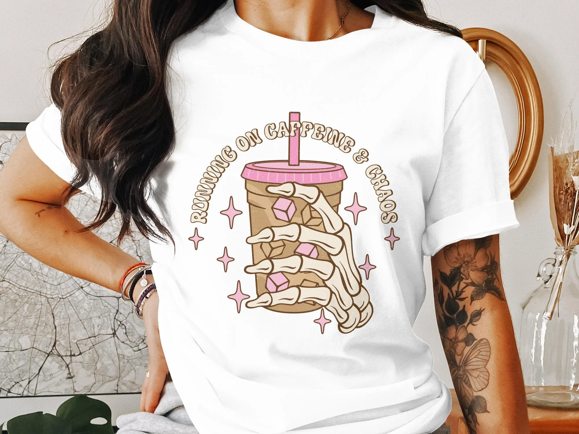 Running on Caffeine and Chaos Coffee T-Shirt, Vintage Style Graphic Tee, Casual Women's Shirt, Coffee Lover Gift, Soft Cotton Top