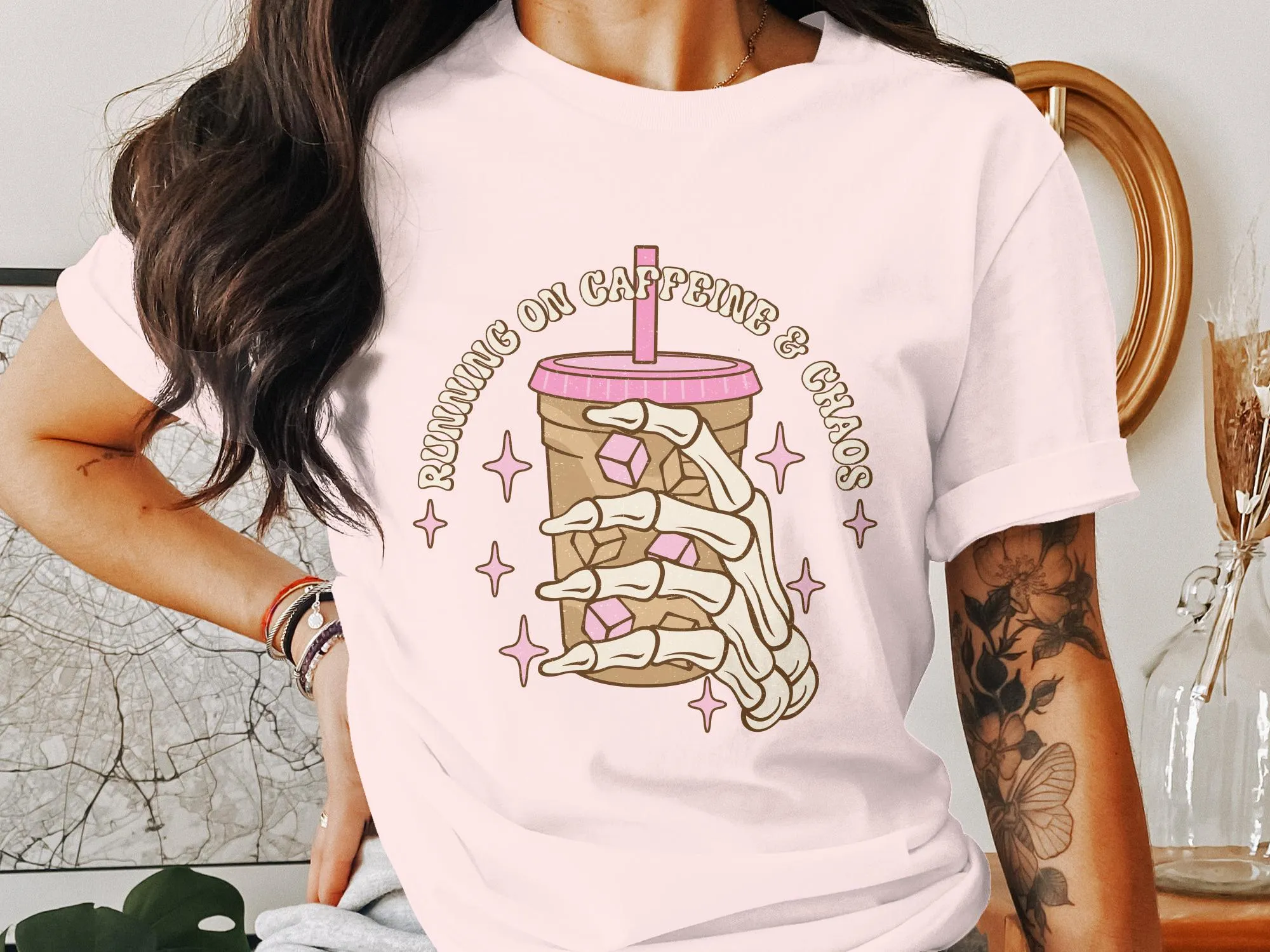 Running on Caffeine and Chaos Coffee T-Shirt, Vintage Style Graphic Tee, Casual Women's Shirt, Coffee Lover Gift, Soft Cotton Top