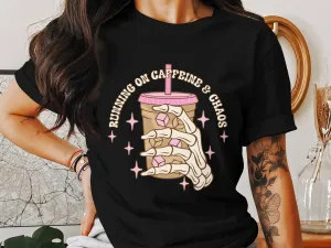 Running on Caffeine and Chaos Coffee T-Shirt, Vintage Style Graphic Tee, Casual Women's Shirt, Coffee Lover Gift, Soft Cotton Top