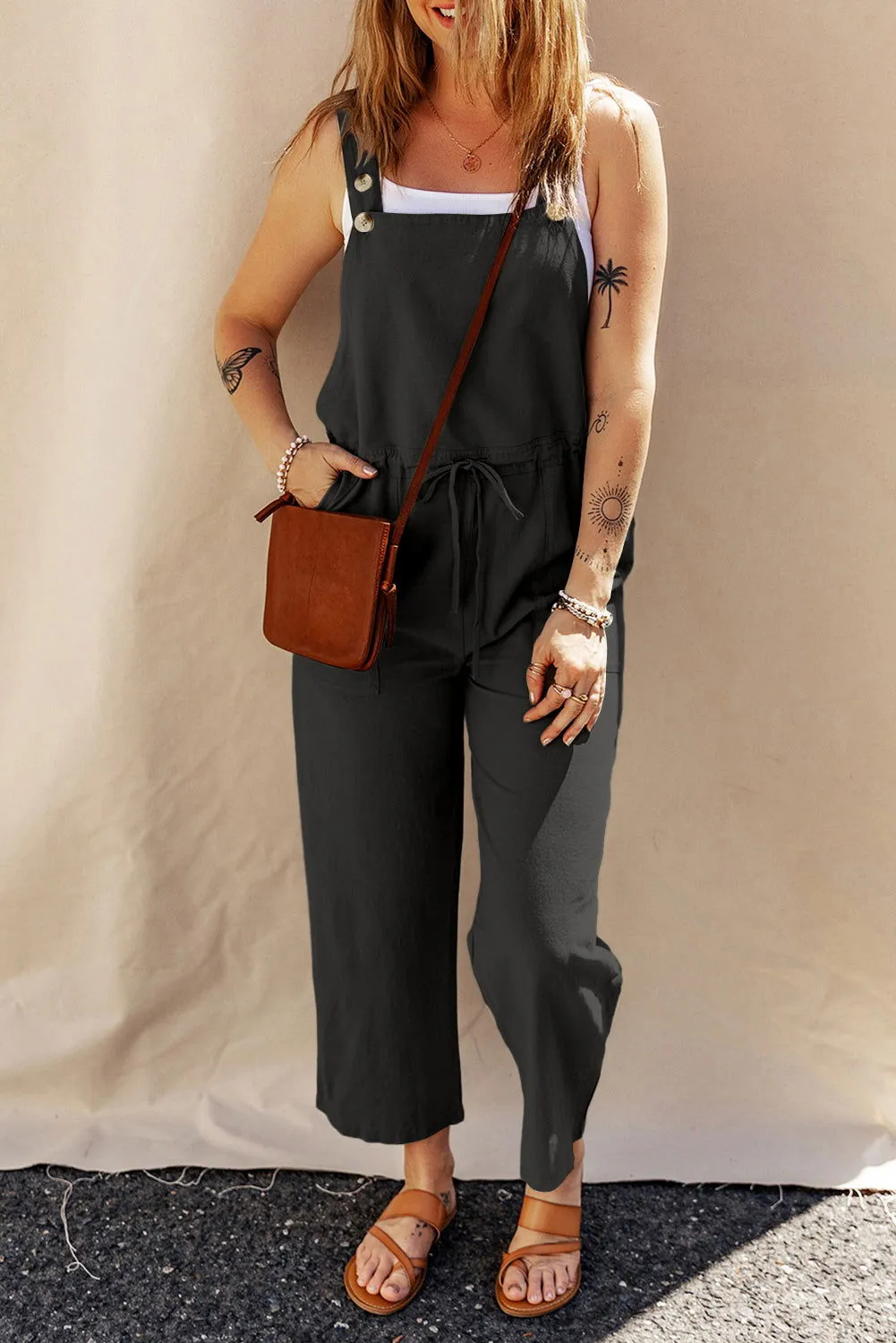 Sage Green Buttoned Straps Drawstring Cropped Jumpsuit