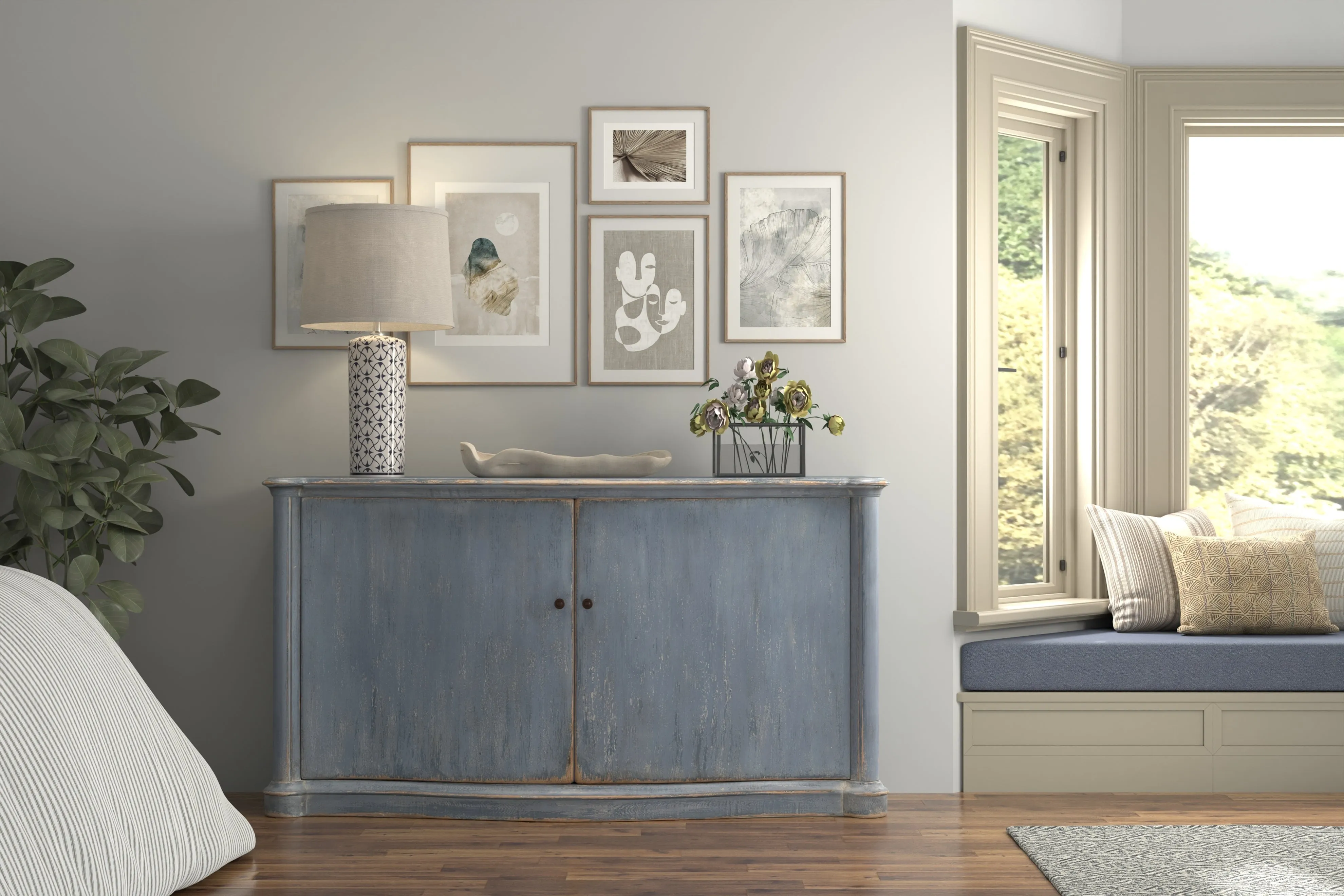 Sarreid - Columns Bowfront Sideboard  Blue - Blue - Traditional