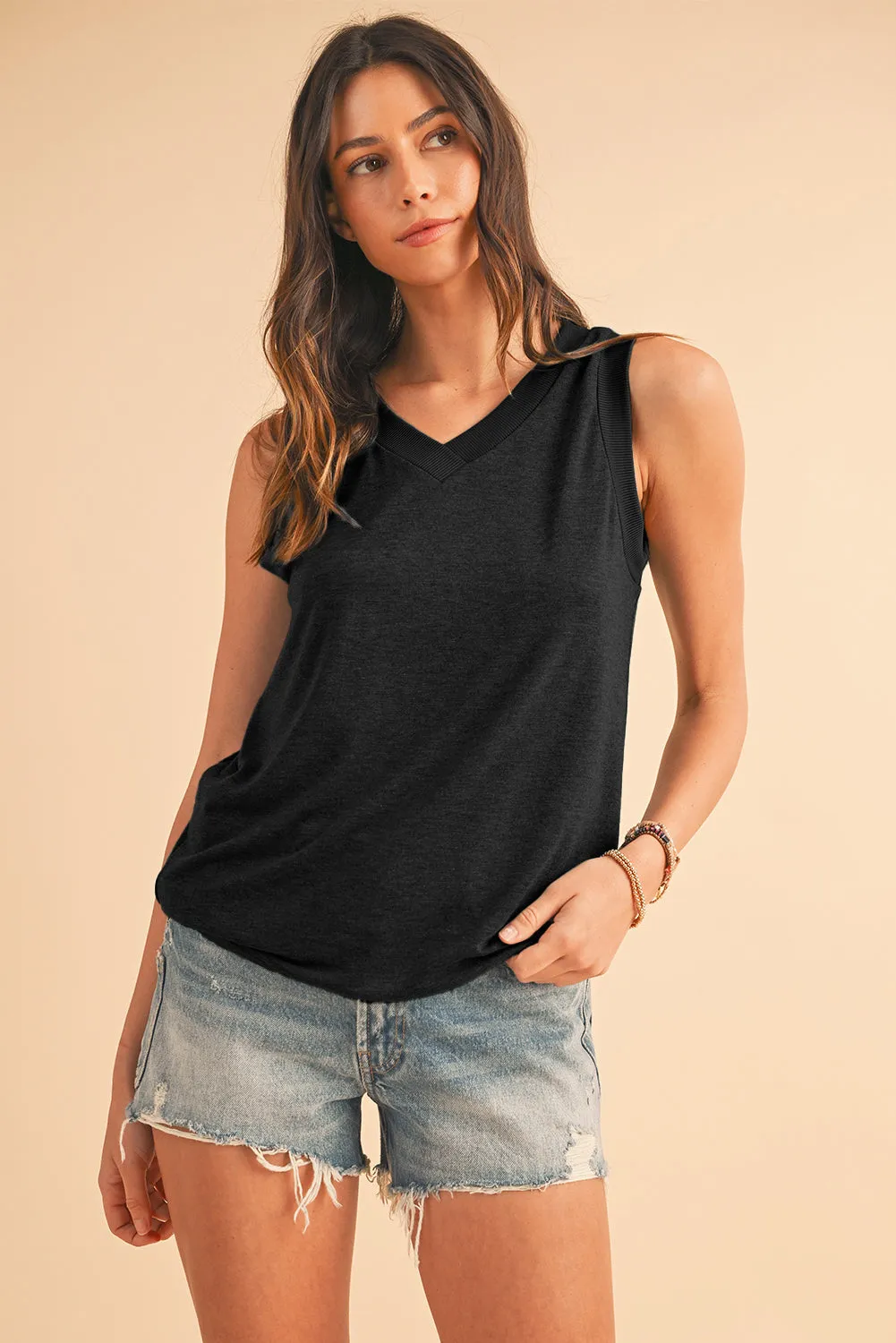 Simply Taupe Contrast Trim V-Neck Loose Fit Tank Top