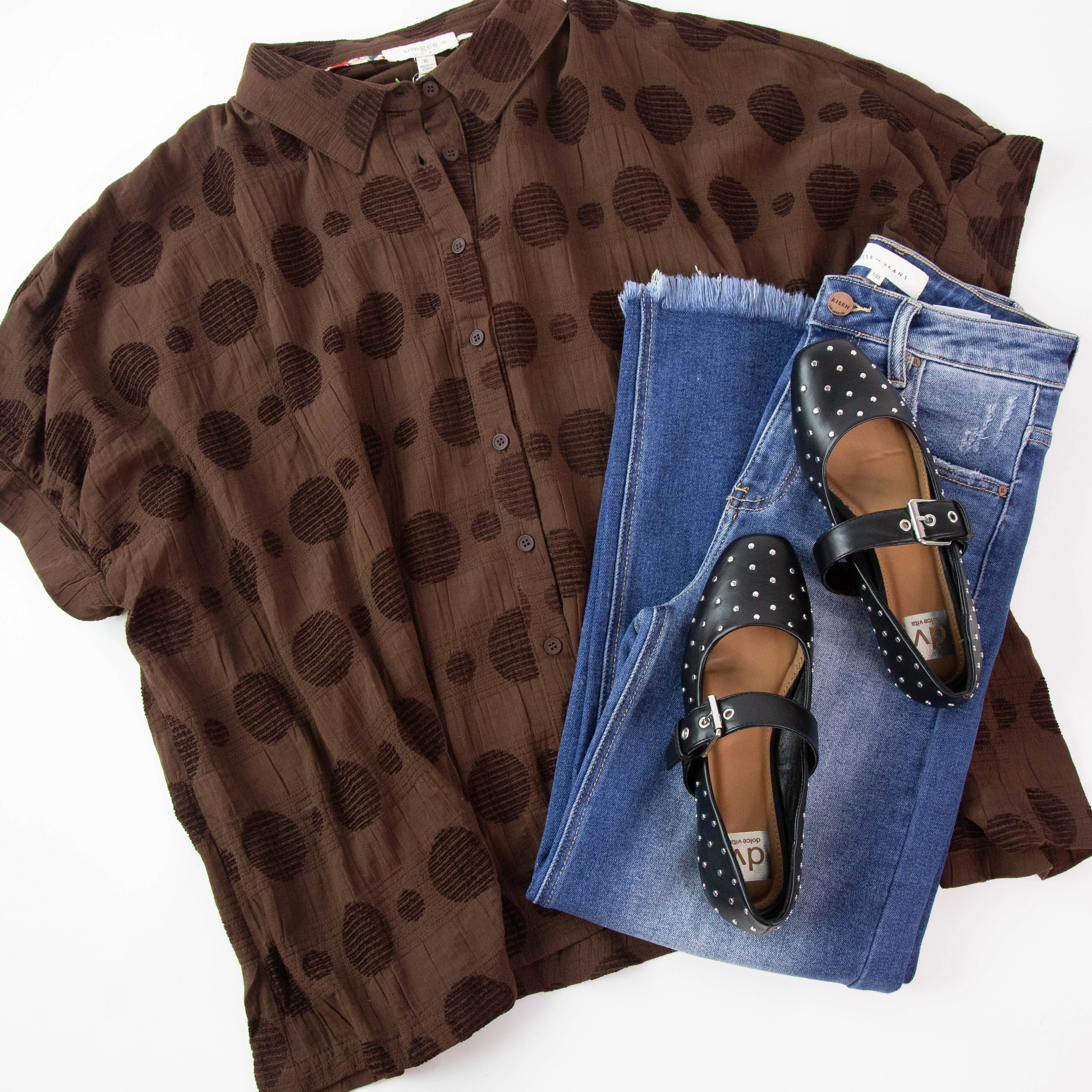 Sofie Textured Polka Dot Top, Brown | Plus Size