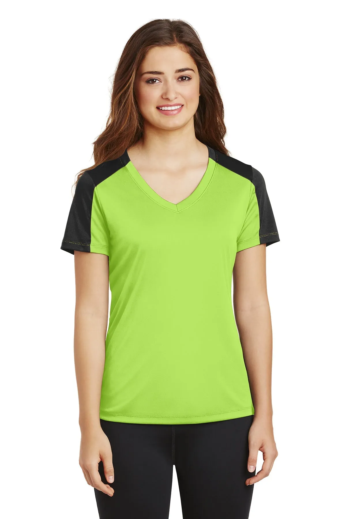 Sport-Tek Ladies PosiCharge Competitor Customized Sleeve-Blocked V-Neck Tee's, Lime Shock/ Black
