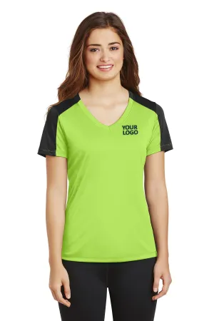 Sport-Tek Ladies PosiCharge Competitor Customized Sleeve-Blocked V-Neck Tee's, Lime Shock/ Black