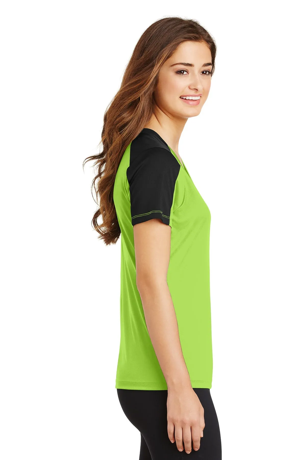 Sport-Tek Ladies PosiCharge Competitor Customized Sleeve-Blocked V-Neck Tee's, Lime Shock/ Black