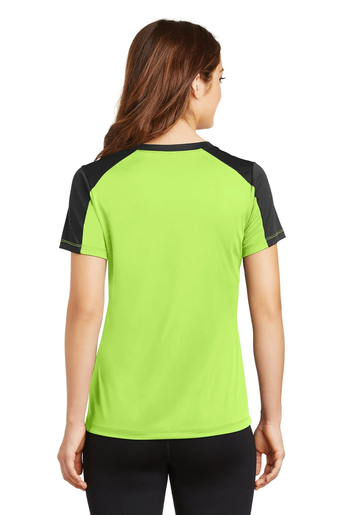 Sport-Tek Ladies PosiCharge Competitor Customized Sleeve-Blocked V-Neck Tee's, Lime Shock/ Black