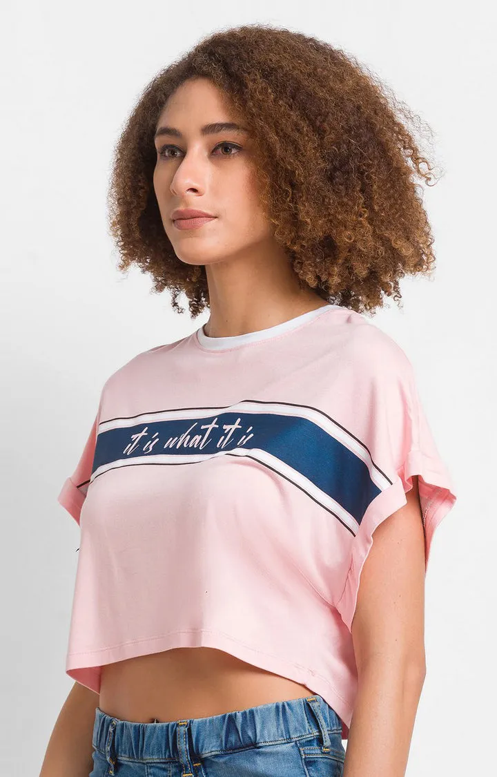 Spykar Baby Pink Cotton Blend Three-Fourth Sleeve Printed Casual T-Shirts For Women