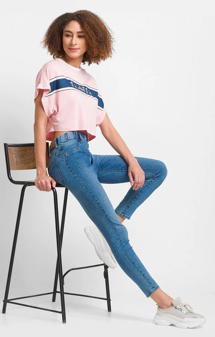 Spykar Baby Pink Cotton Blend Three-Fourth Sleeve Printed Casual T-Shirts For Women