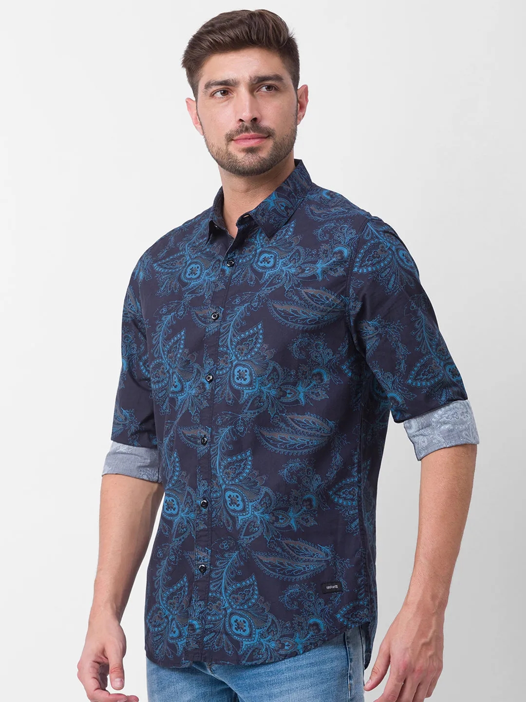 Spykar Black Cotton Full Sleeve Printed Shirt For Men