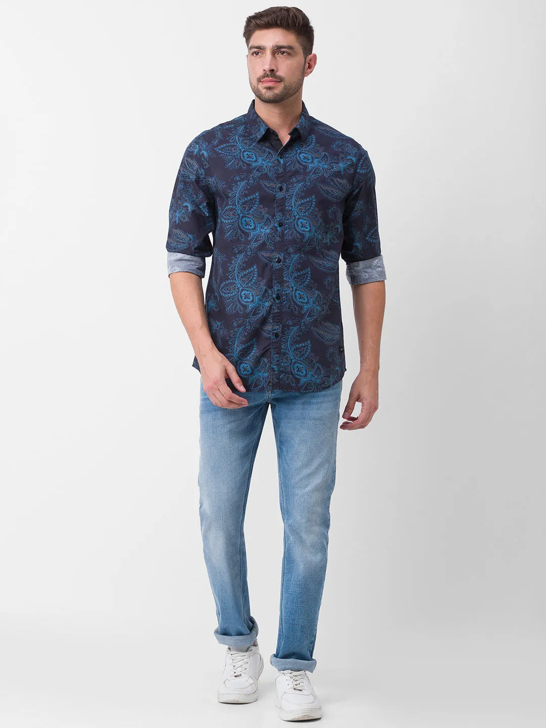 Spykar Black Cotton Full Sleeve Printed Shirt For Men