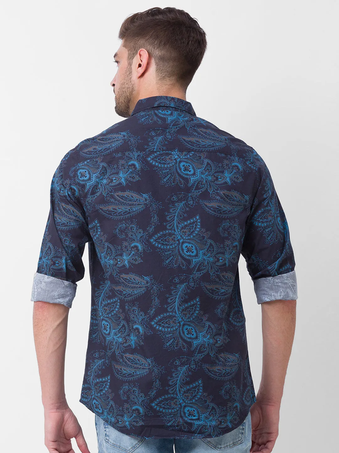 Spykar Black Cotton Full Sleeve Printed Shirt For Men