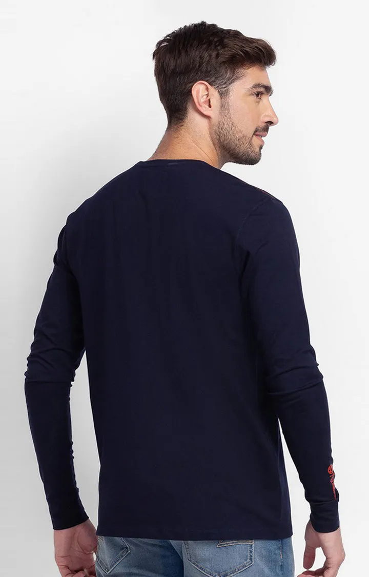 Spykar Navy Blue Cotton Full Sleeve Printed Casual T-Shirt For Men