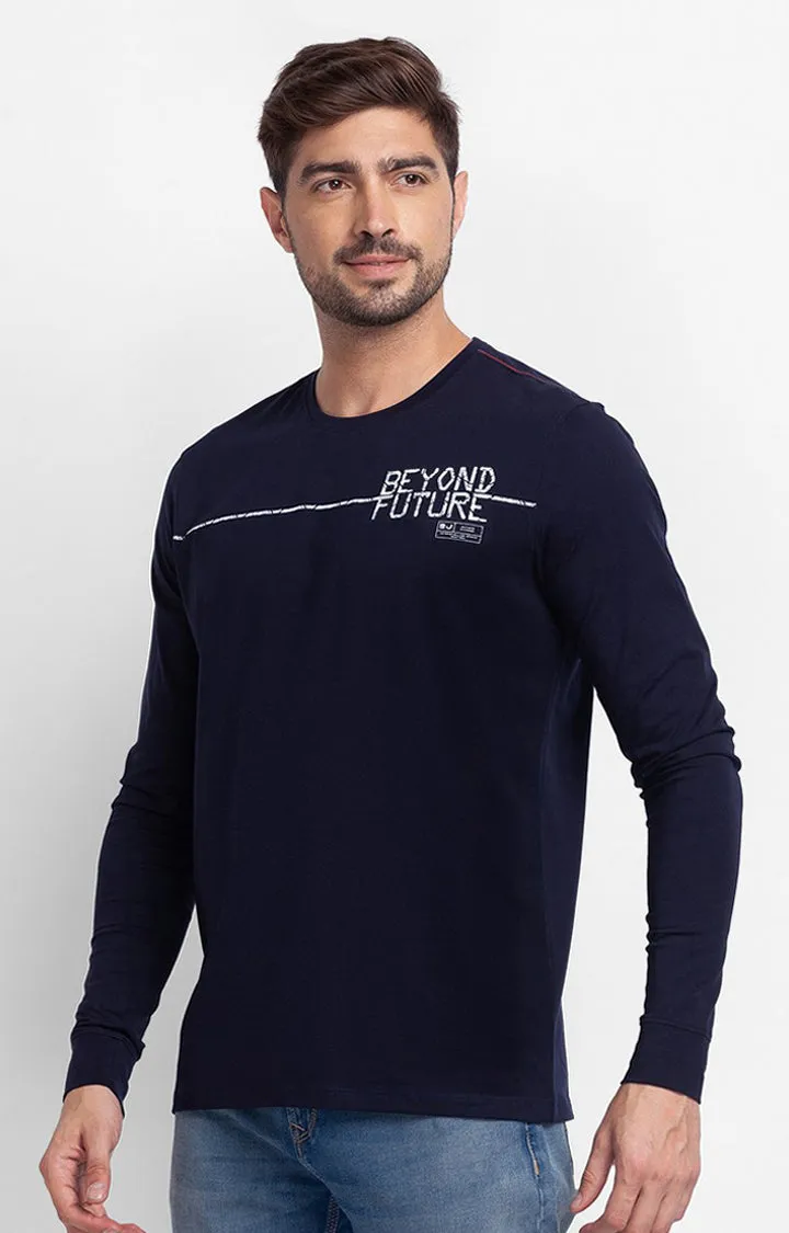 Spykar Navy Blue Cotton Full Sleeve Printed Casual T-Shirt For Men