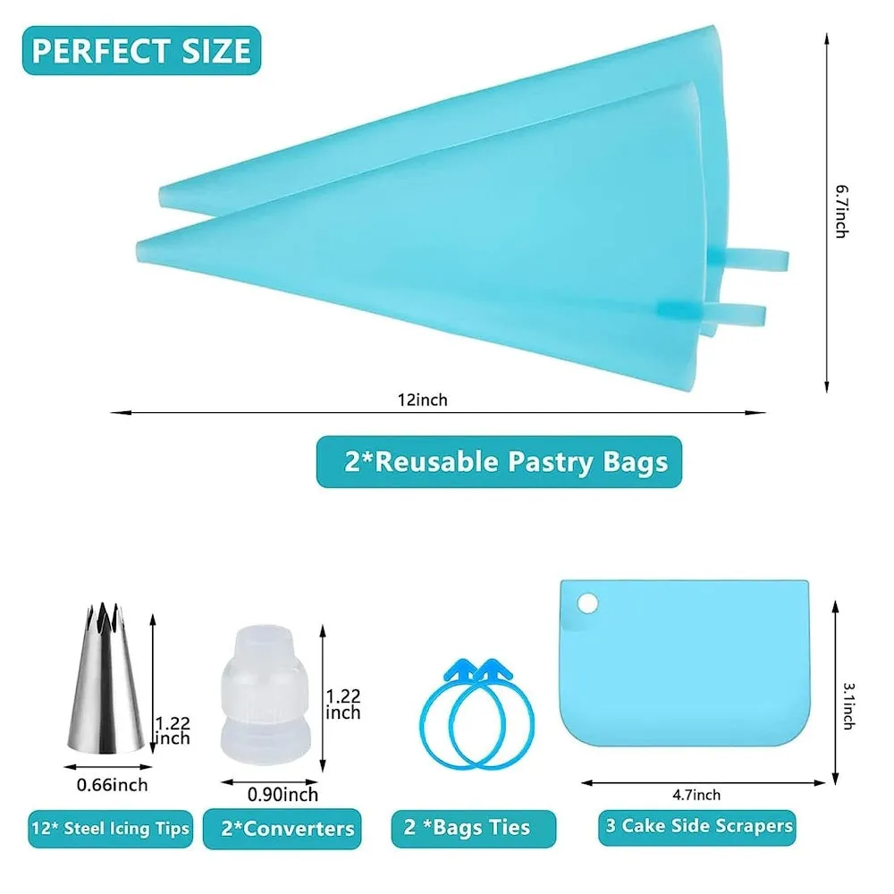 StitchesandTweed Reusable Pastry Bag Silicone Piping Tool Kit Cake Decoration with Cake Scraper - Arctic Blue