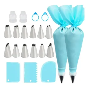 StitchesandTweed Reusable Pastry Bag Silicone Piping Tool Kit Cake Decoration with Cake Scraper - Arctic Blue