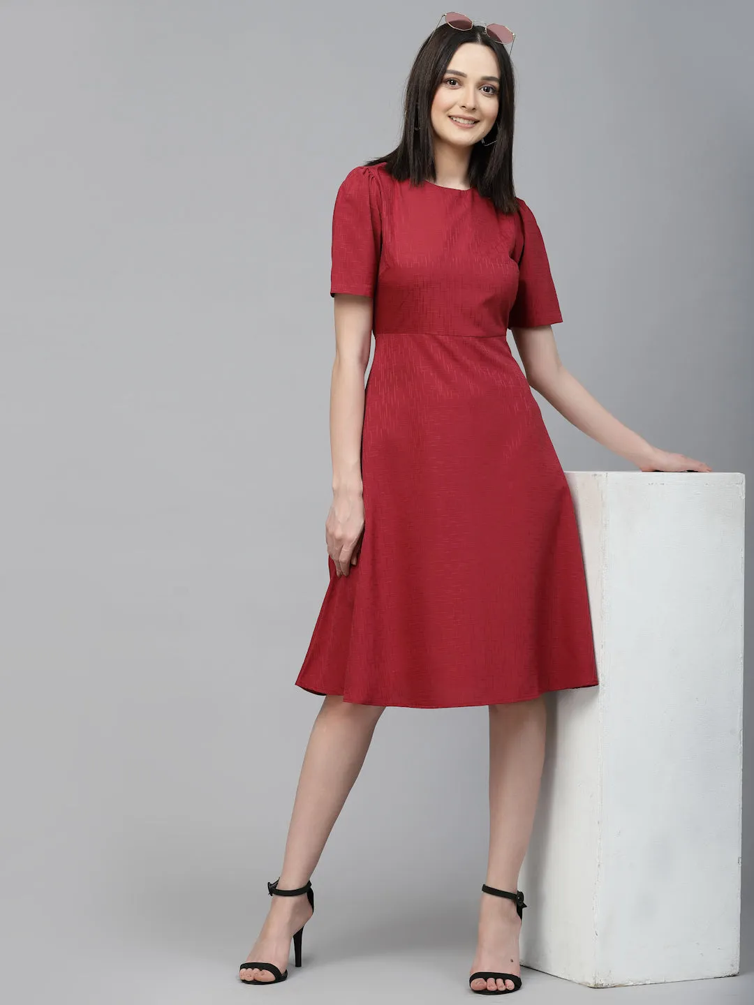 Style Quotient Women Maroon Solid Polyester Regular Smart Casual Dress
