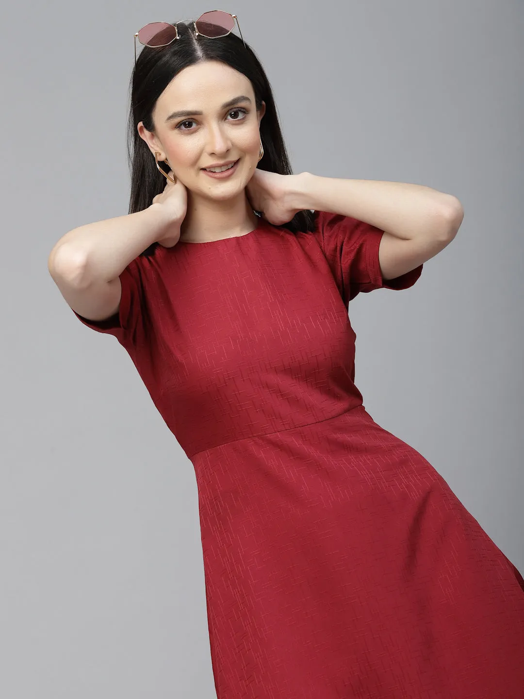 Style Quotient Women Maroon Solid Polyester Regular Smart Casual Dress