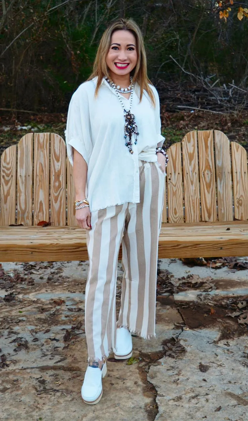 Umgee Striped Pants with Frayed Hem
