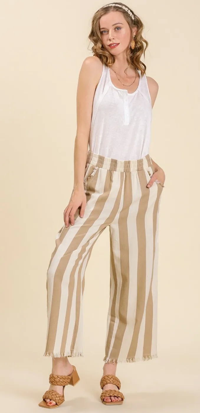 Umgee Striped Pants with Frayed Hem