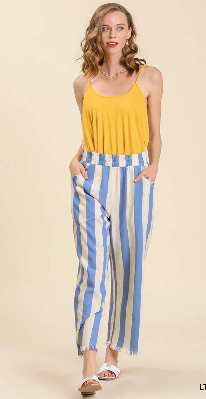 Umgee Striped Pants with Frayed Hem