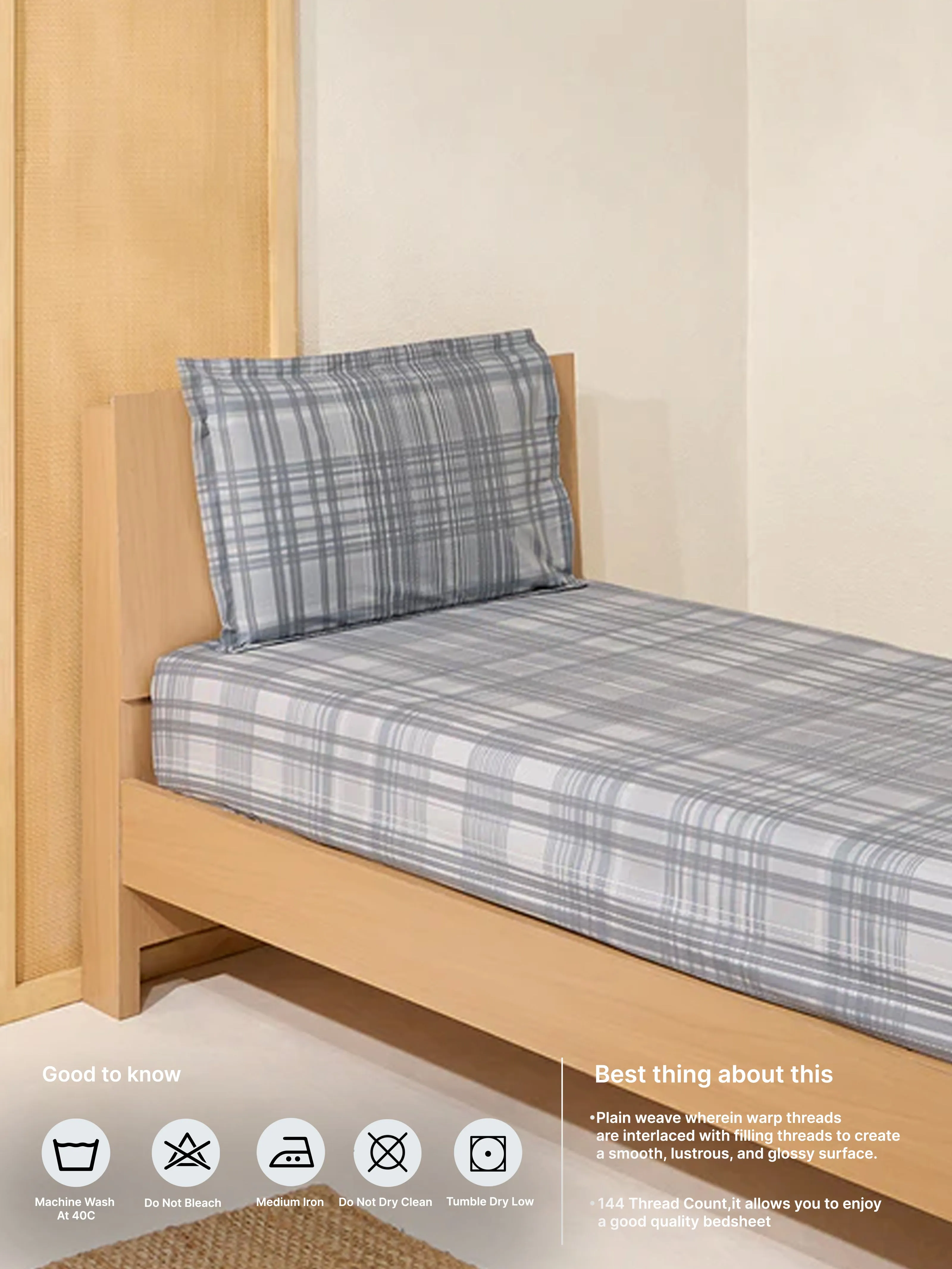 Westside Home Dark Grey Checkered Single Bed Fitted Sheet and Pillowcase Set