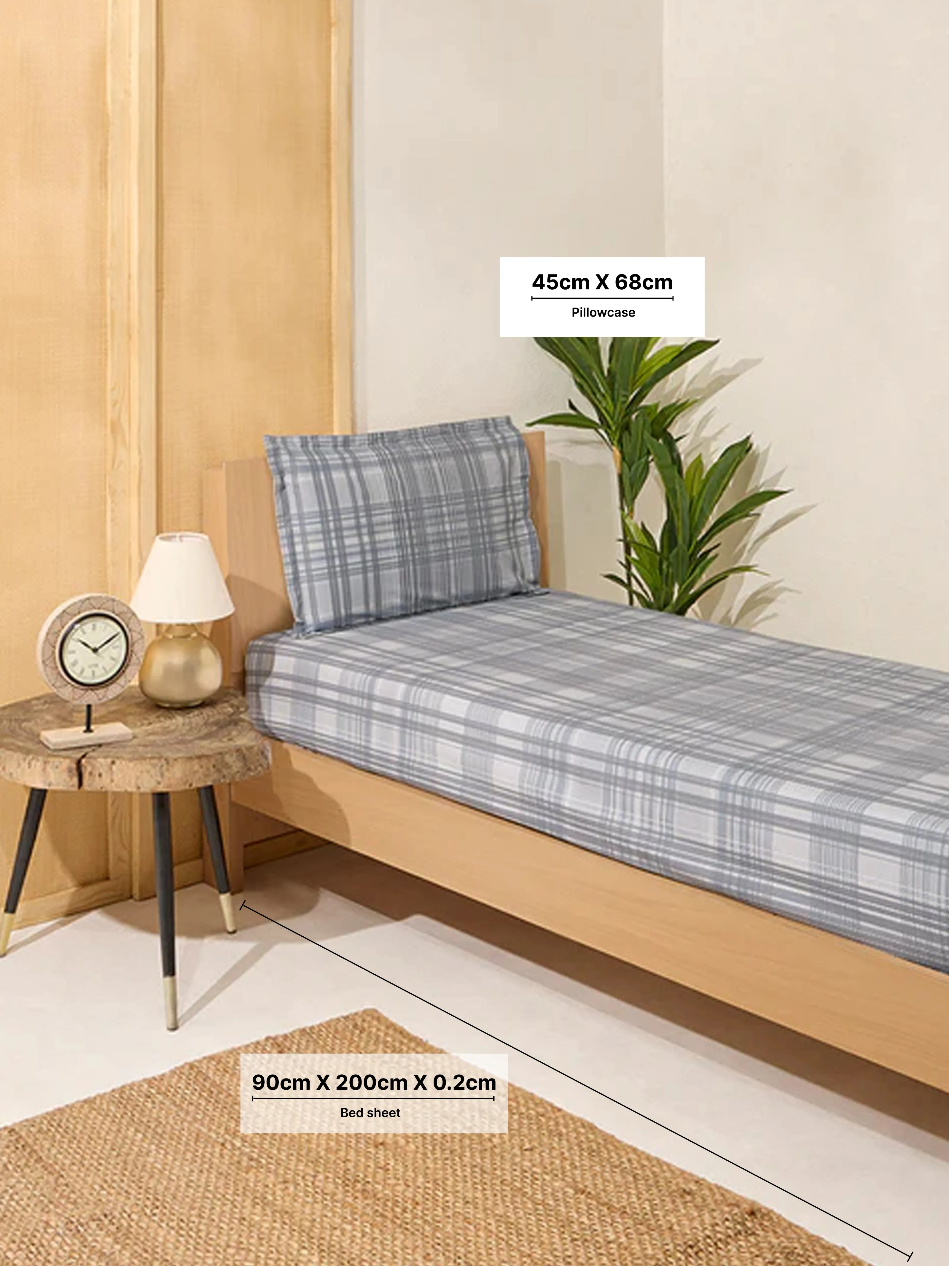 Westside Home Dark Grey Checkered Single Bed Fitted Sheet and Pillowcase Set