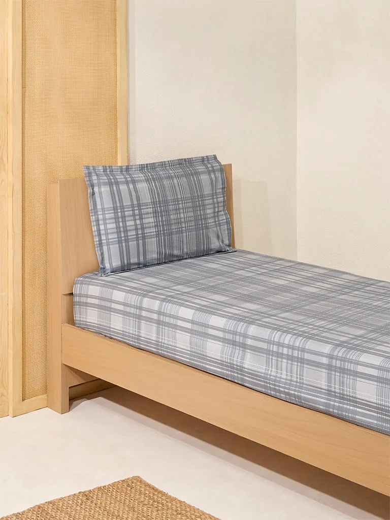 Westside Home Dark Grey Checkered Single Bed Fitted Sheet and Pillowcase Set