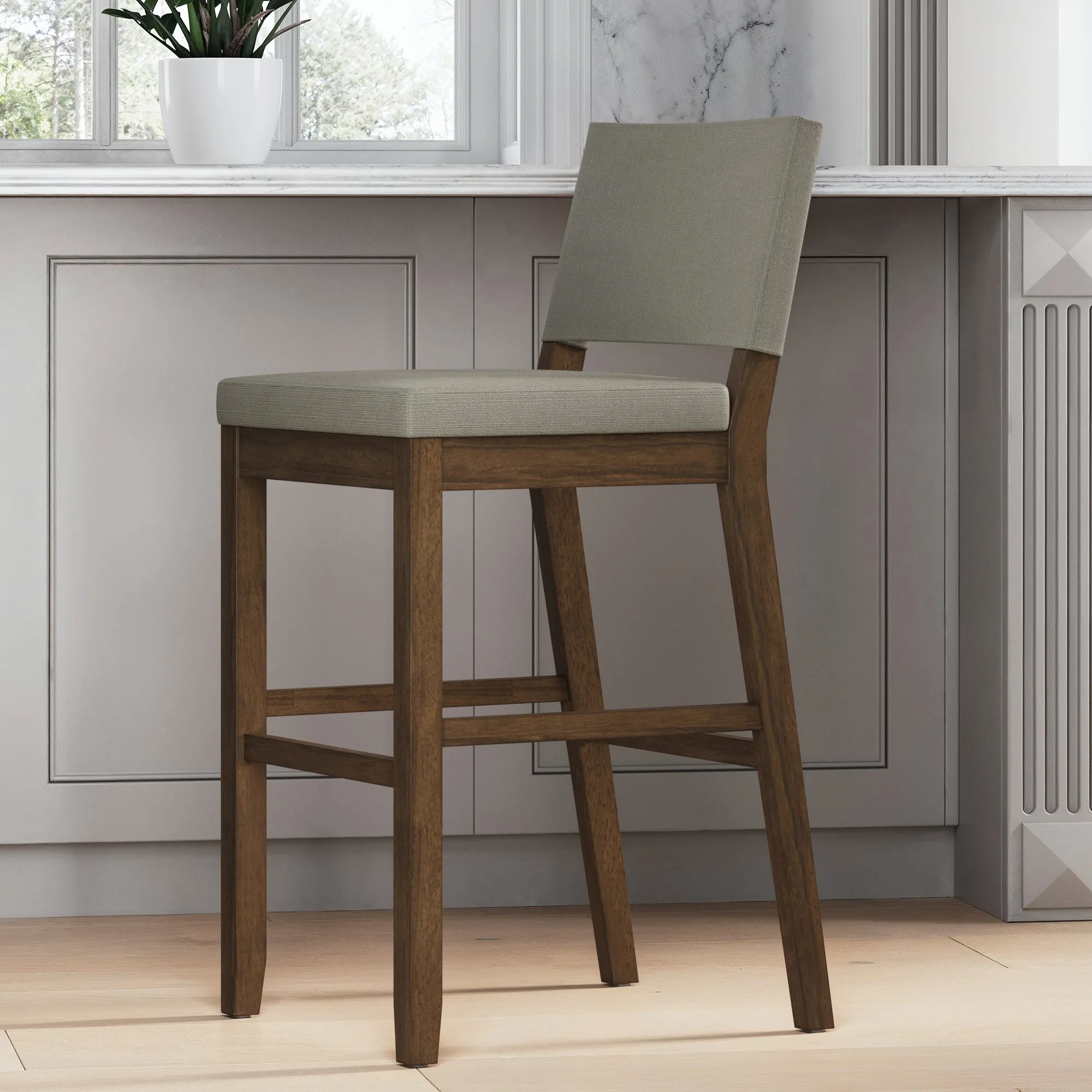 Wood Upholstered Sling Back Bar Stool Dark Brown Gray